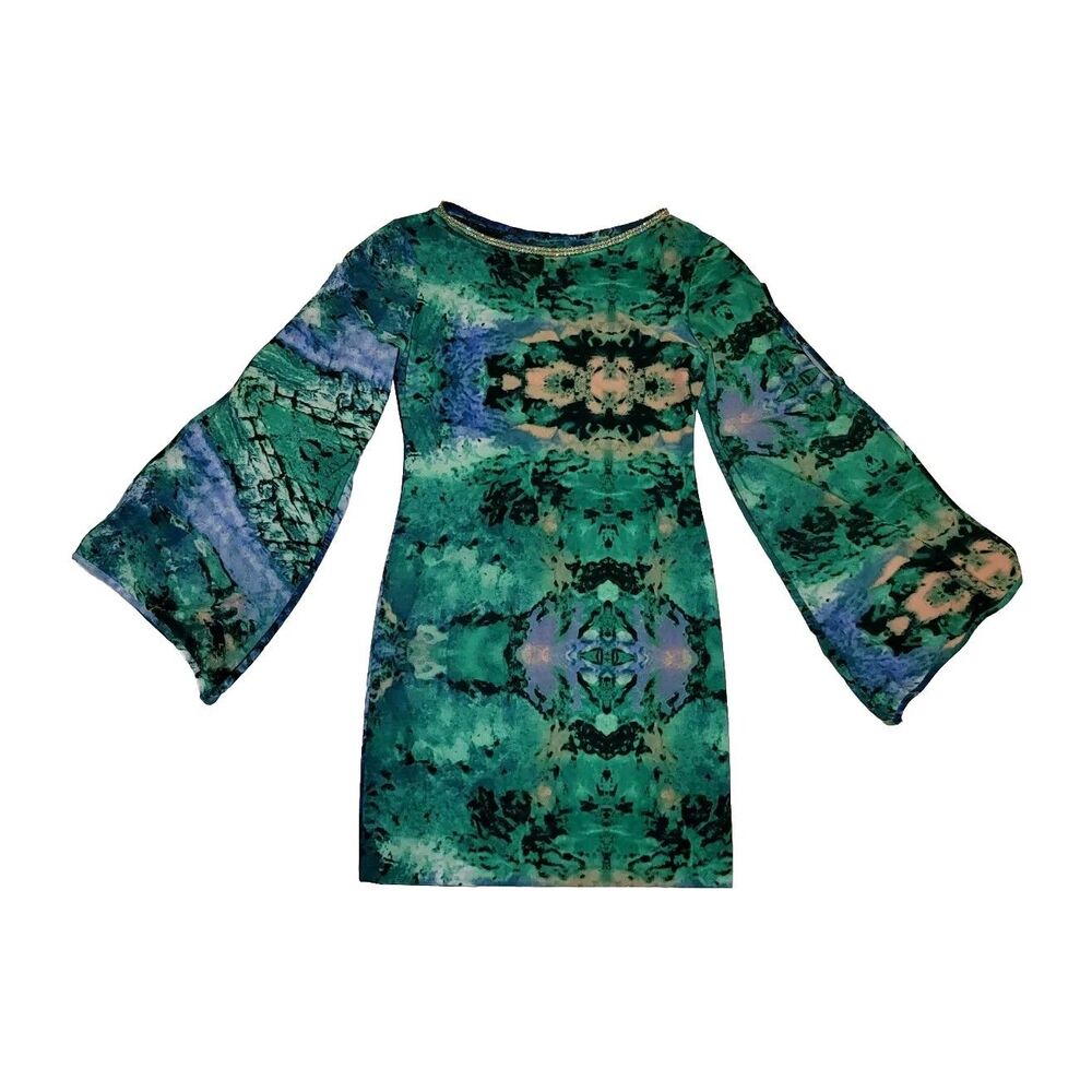 Donatella Mini Sheath Dress Medium Rhinestone Neckline Tie Dye Retro Hippie